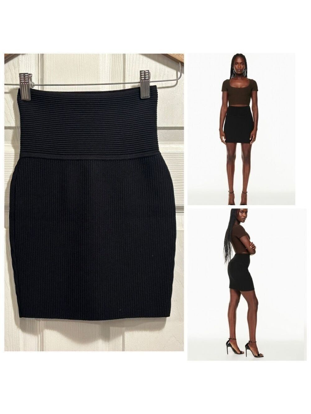 Aritzia Babaton Sculpt Knit Ribbed Mini Skirt Black Textured High Waist Size 2XS